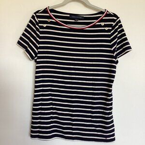 Tommy Hilfiger Blue and White Striped Nautical Short Sleeve Shirt Size Medium